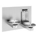 A Haws stainless steel water fountain with two bowls.