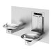 A stainless steel Haws Recessed Bottle Filler with two drinking fountains.