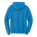 A close up of a blue Port & Company Core Fleece pullover hoodie with the word "hoodie" on it.