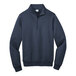 A close-up of a navy Port & Company quarter-zip pullover sweatshirt with a zipper.