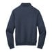 A navy Port & Company quarter-zip sweatshirt with an embroidered logo on the back.