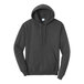 A black heather pullover hoodie with a hood.