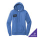 A women's heather royal blue fleece pullover hoodie sweatshirt with a customizable design on the chest.