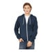 A man wearing a Bella + Canvas heather navy blue full-zip hoodie.