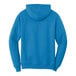 A Port & Company sapphire blue core fleece pullover hoodie with white drawstrings.