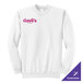 A white unisex crewneck sweatshirt with "dave's Ice Cream" printed in pink on the upper left chest.