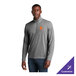 A dark gray heather unisex quarter-zip pullover sweatshirt with long sleeves and a small orange logo on the chest.