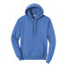 A heather royal blue Port & Company fleece pullover hoodie with a hood.