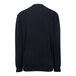 A back view of a navy Edwards cardigan with a white collar.