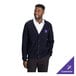 A navy unisex jersey knit cardigan made from a cotton blend, shown with a customizable logo on the chest.