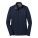 A Port Authority women's full-zip jacket in navy with grey lining.