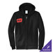 A black full-zip hoodie sweatshirt with a small red patch on the chest and customizable options.