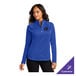A women's medium royal blue quarter-zip sweatshirt made from a poly/cotton blend, featuring a customizable chest area.