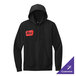 A black unisex fleece hoodie sweatshirt with a red patch on the chest and a front pocket, available in extra large size.
