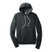 A dark gray Bella + Canvas pullover hoodie with white strings.