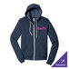A navy blue full-zip hoodie sweatshirt with a customizable logo on the chest and white drawstrings.