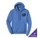A blue unisex pullover hoodie sweatshirt with a front pocket and a small chest logo, available for customization.