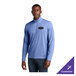 A blue unisex quarter-zip pullover sweatshirt with a customizable logo on the chest.