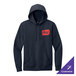 A navy blue unisex fleece hoodie sweatshirt with a red patch on the chest and a customizable design option.