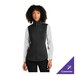 A women's deep black fleece vest with a zip front and customizable logo, shown in extra small size.