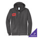A charcoal gray full-zip hoodie sweatshirt with a small red patch on the chest and customizable options.