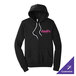 A black unisex pullover hoodie sweatshirt with a front pocket and customizable text on the chest.