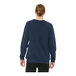 A man wearing a heather navy Bella + Canvas sweatshirt with white sleeves.