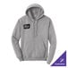 A medium-sized, athletic heather gray unisex pullover hoodie sweatshirt with a front pocket and a small customizable logo on the chest.