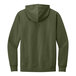 A back view of a green District sweatshirt hoodie with a hood.