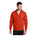 An orange Port & Company full-zip hoodie with a hood.