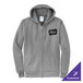 A gray full-zip hoodie sweatshirt with a small chest logo and front pockets.