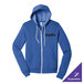 A blue full-zip hoodie sweatshirt with a hood, front pockets, and customizable text on the chest.