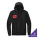 A black unisex fleece hoodie sweatshirt with a red patch on the chest and a customizable design option.