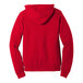 A close up of a red Bella + Canvas pullover hoodie with a hood.