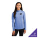 A women's large true royal heather quarter-zip pullover sweatshirt with a customizable chest patch and moisture-wicking tri-blend fabric.
