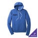 A blue unisex pullover hoodie sweatshirt with a front pocket and customizable logo on the chest.