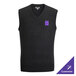 A charcoal unisex acrylic jersey knit vest with a V-neck and a customizable logo on the left chest.