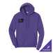 A purple unisex pullover hoodie sweatshirt with a small chest graphic and a front pocket.