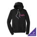 A black unisex pullover hoodie sweatshirt with a front pocket and customizable text on the chest.