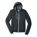 A dark gray zip up hoodie with a white zipper.