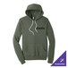 A military green unisex pullover hoodie sweatshirt with a front pocket and customizable logo, available in extra small size.