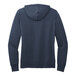 A close-up of a Port & Company ladies navy pullover hoodie with the hood up.