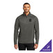 A unisex gray steel quarter-zip sweatshirt made from a poly/cotton blend, featuring a customizable logo on the chest.