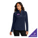 A women's medium navy quarter-zip sweatshirt made from a poly/cotton blend, featuring customizable embroidery on the chest.