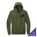 An olive green unisex fleece hoodie sweatshirt with a front pocket and a customizable chest logo.