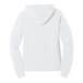 A close-up of a white Bella + Canvas sponge fleece pullover hoodie.