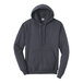 A heather navy Port & Company Core Fleece pullover hoodie with a hood.