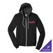 A black heather full-zip hoodie sweatshirt with a customizable logo on the chest and white drawstrings.