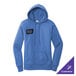 A blue women's pullover hoodie sweatshirt with a front pocket and a small customizable patch on the chest.