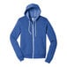 A Bella + Canvas blue zip up hoodie with a white zipper.